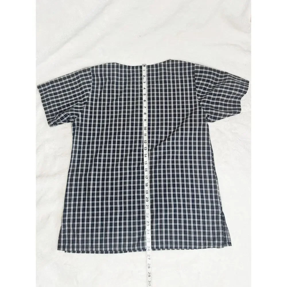 LANDAU Blue Green Red White Plaid V-neck Scrub Top Medical Uniform Medium